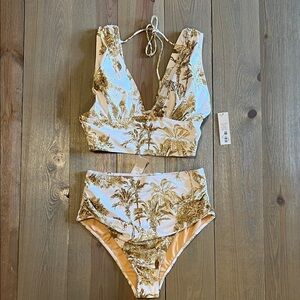 Tropical Print Plunge Bikini Set White with Gold Print
